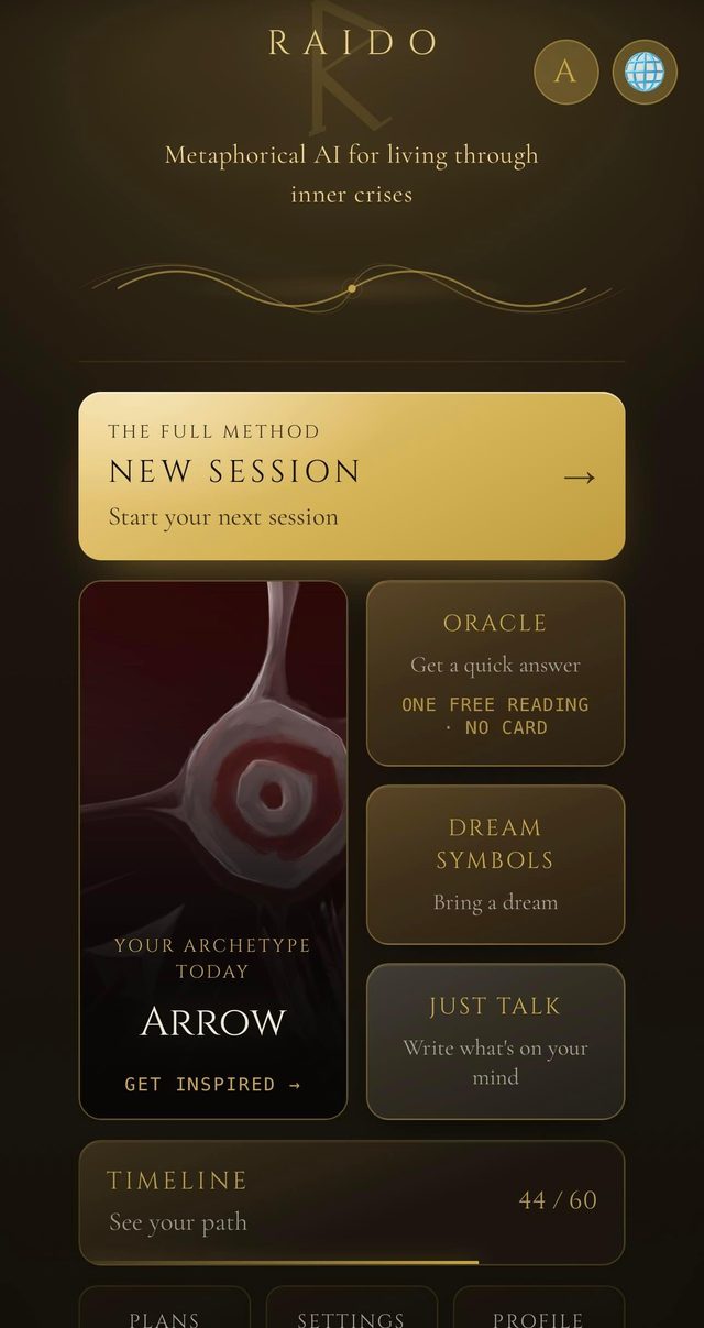 Raido home screen — New Session, Oracle, Dream Symbols, Just Talk