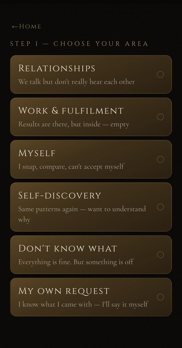Step 1 — choose your area: relationships, work, myself, self-discovery